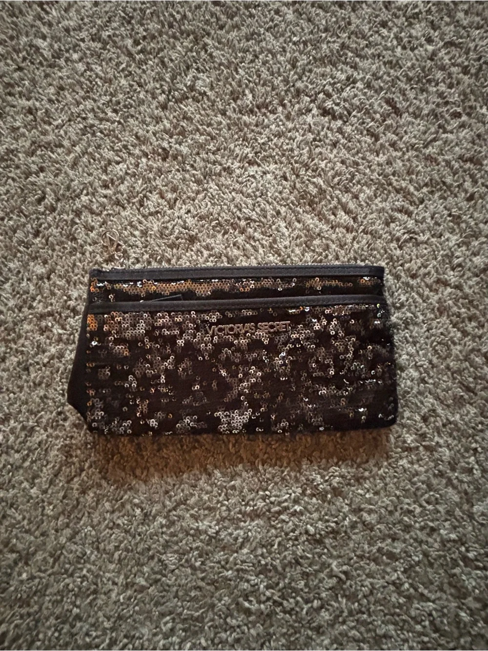 Victoria's Secret Black Sequin Cosmetic Clutch with Gold Accents